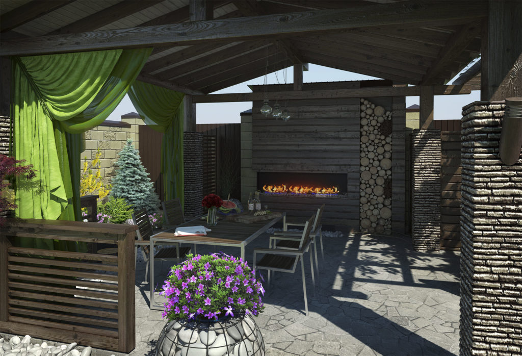 Gazebo with a fire place, table setting, and textured visuals