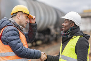 Two contractors reaching an agreement on construction site
