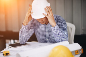 Construction worker with construction hat looking at blueprints on the desk