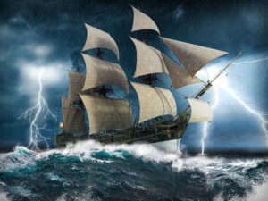 Ocean sailing ship in distress, struggling to stay afloat, in a heavy storm