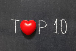 Top 10 phrase handwritten on chalkboard with heart symbol instead of O
