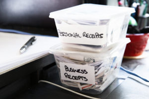 DIY plastic containers with personal & business receipts authentic home office space.