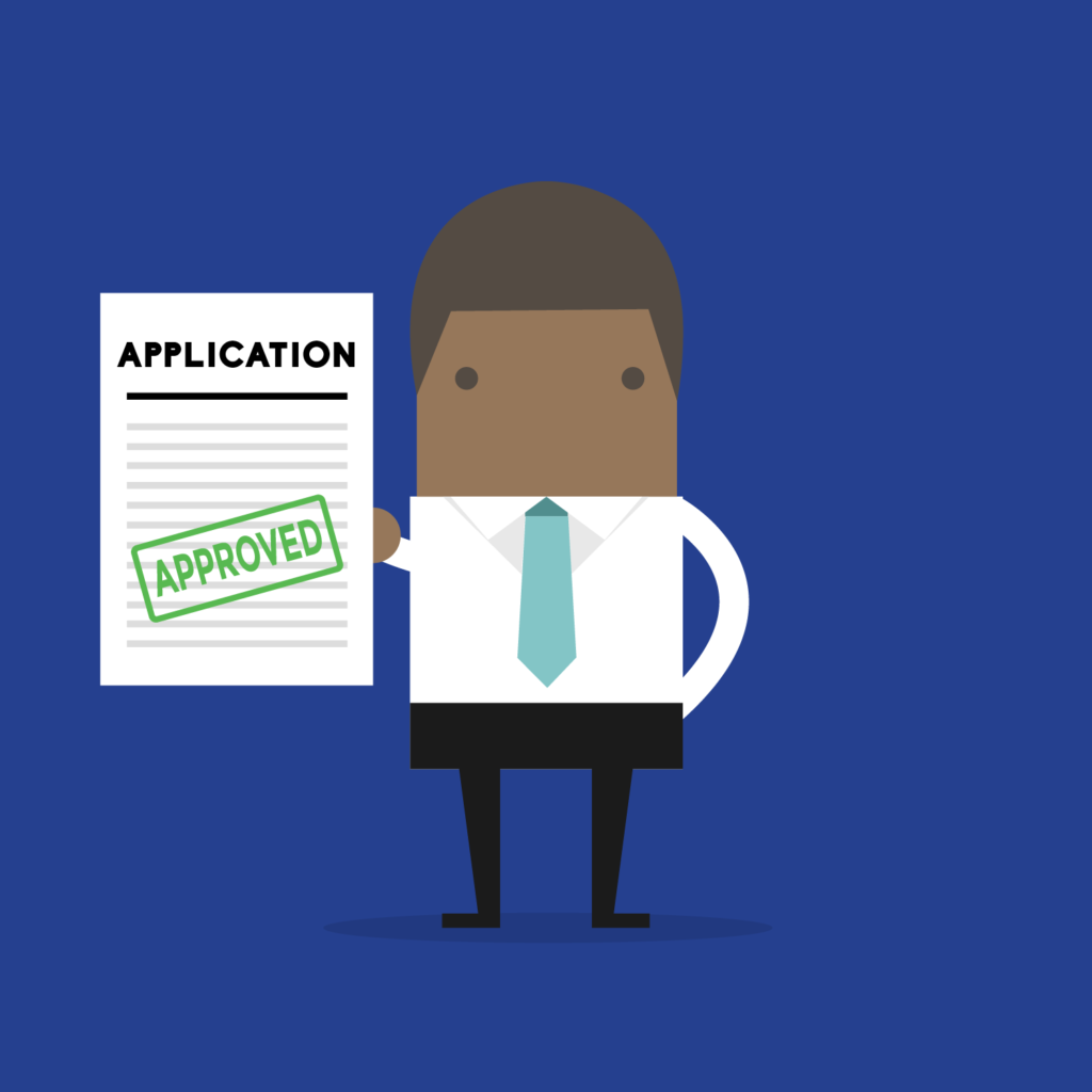 Cartoon business man holding approved application