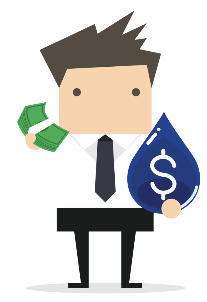 A man holding money and a water drop with a dollar sign