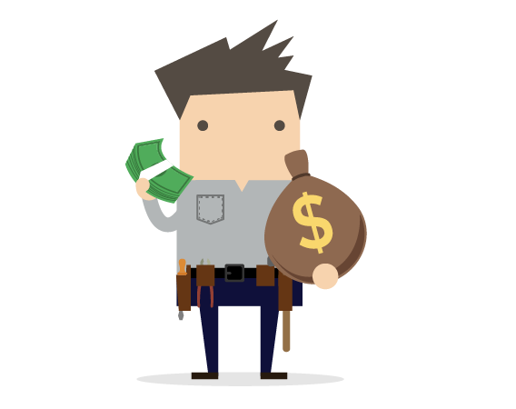 Contractor holding stack of cash and money bag