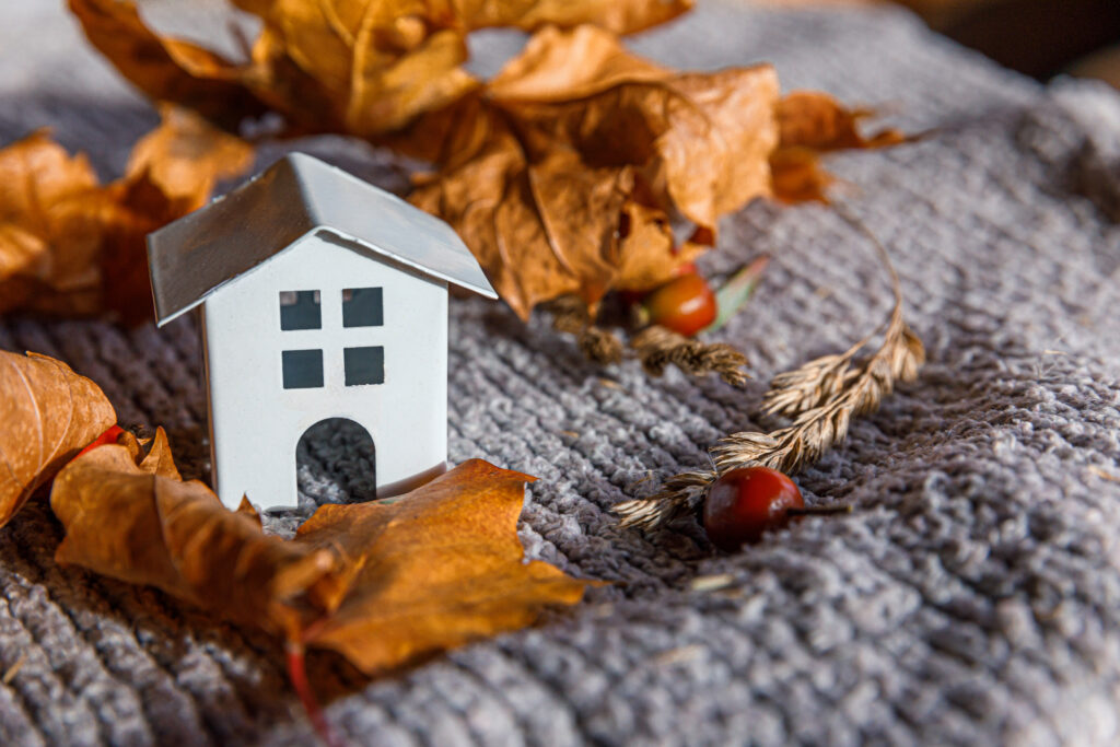 Decorative mini house by leaves that have fallen