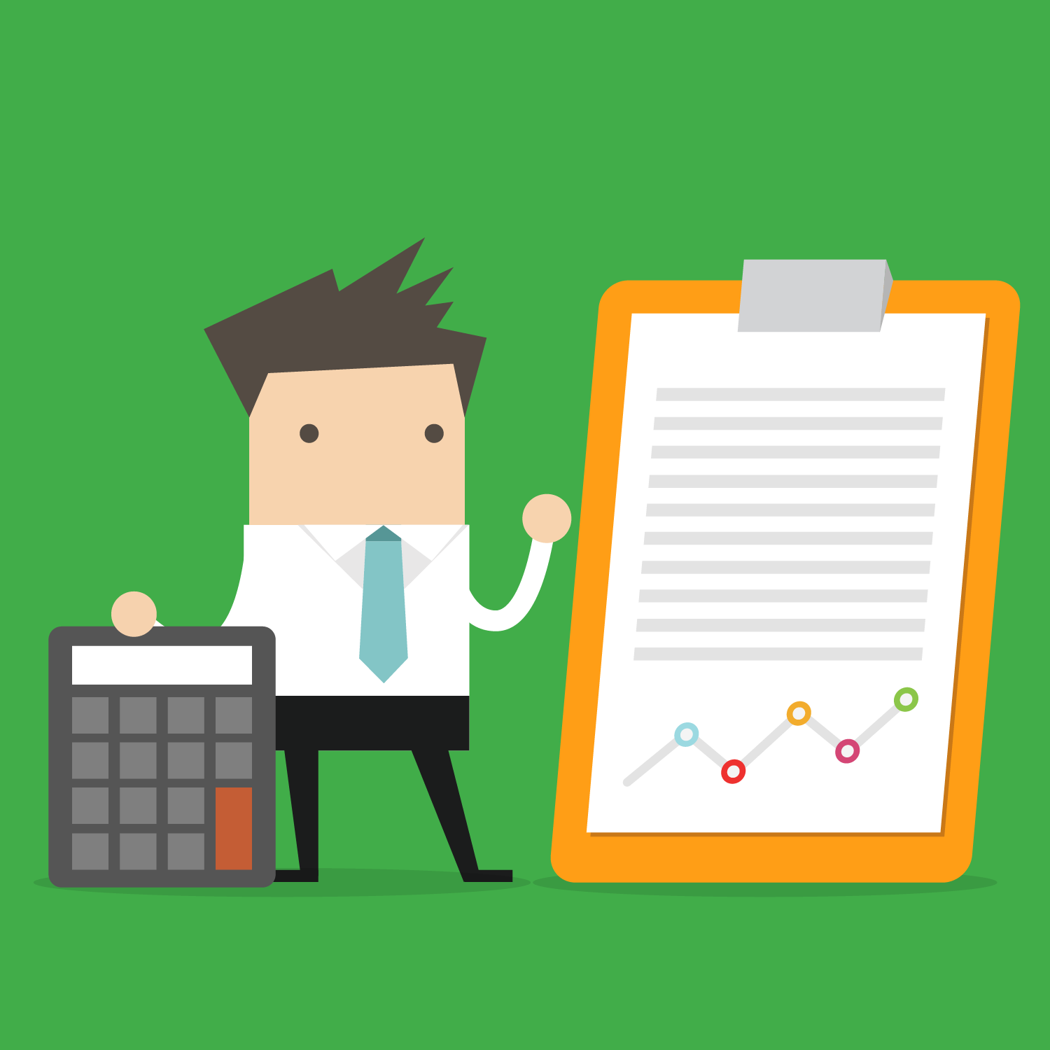 Cartoon businessman holding overside calculator and clipboard