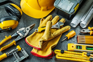 Contractors tools set on a table