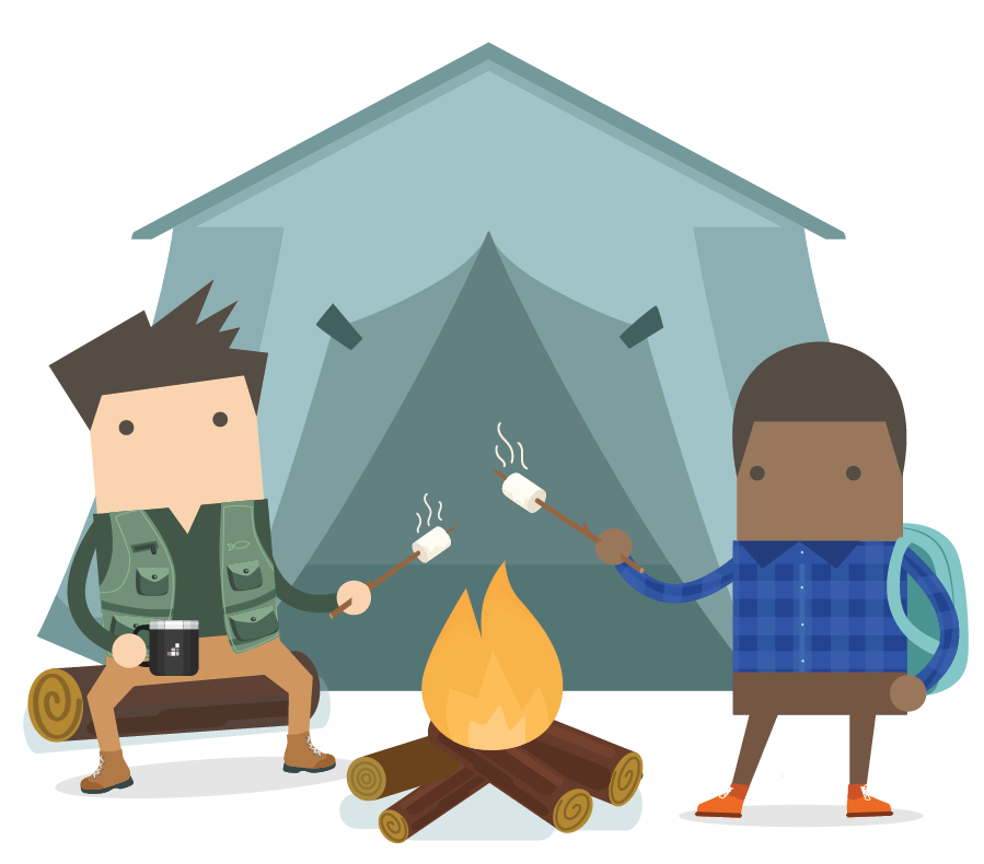 two men roasting smores over campfire with tent silhouette in background