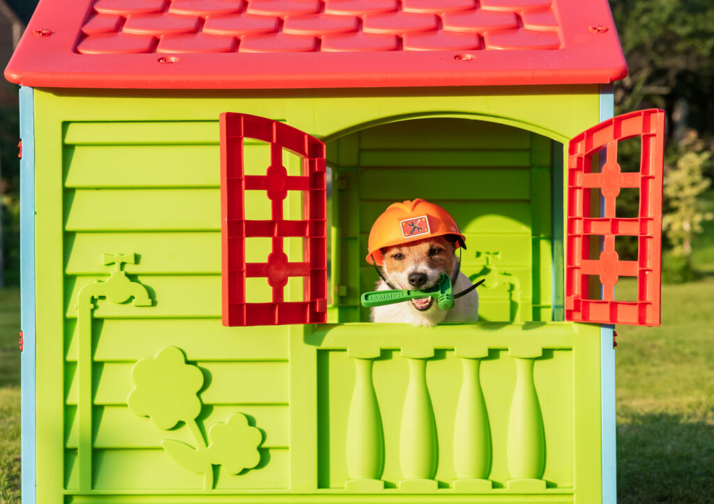 funny country house maintenance concept with dog in hardhat repairing children playhouse