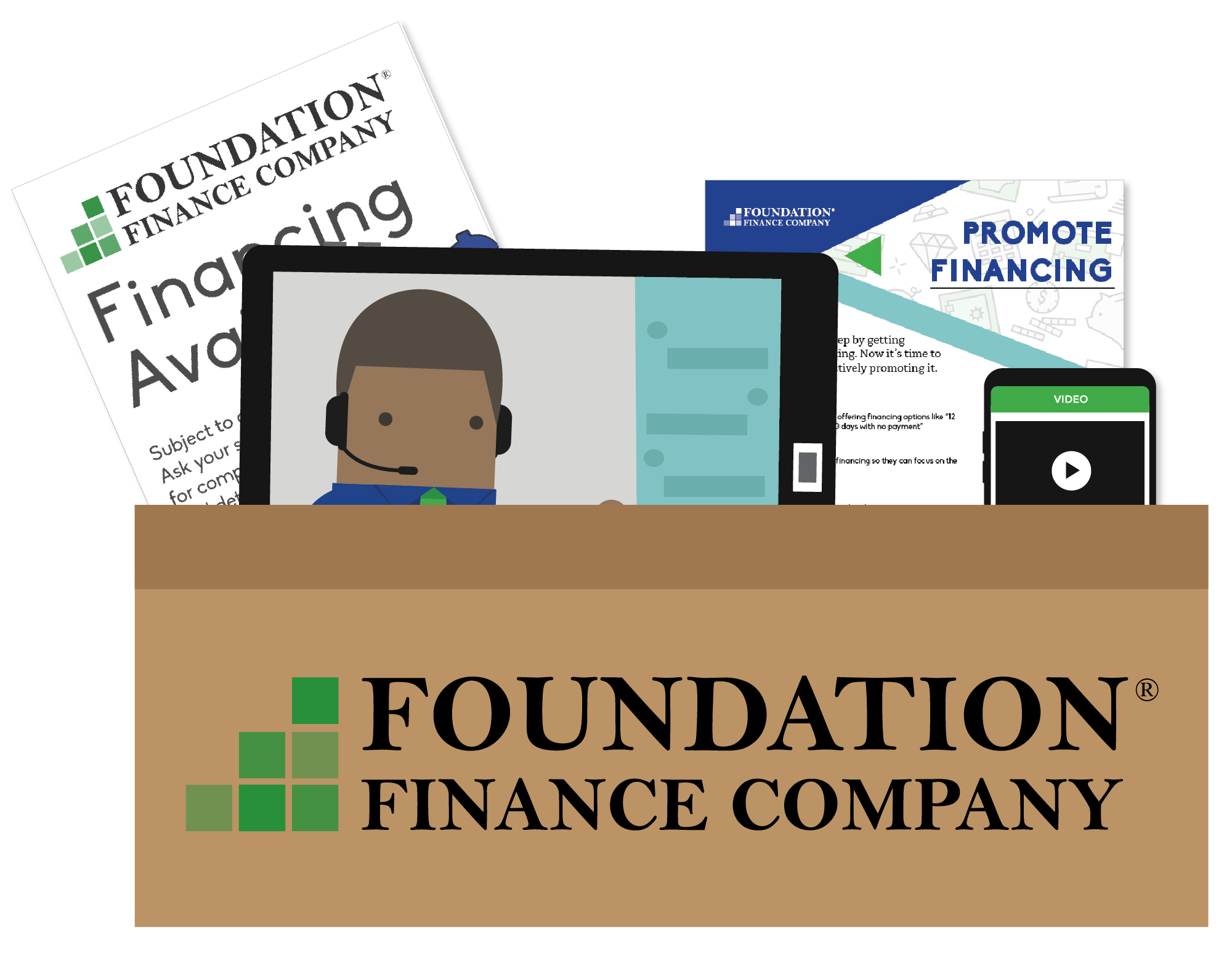 box of posters ipad and iphone with foundation finance logo