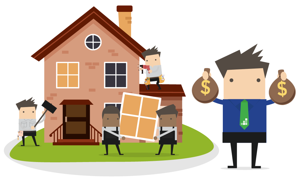 group of contractors working on house and ffc man with money bags mobile