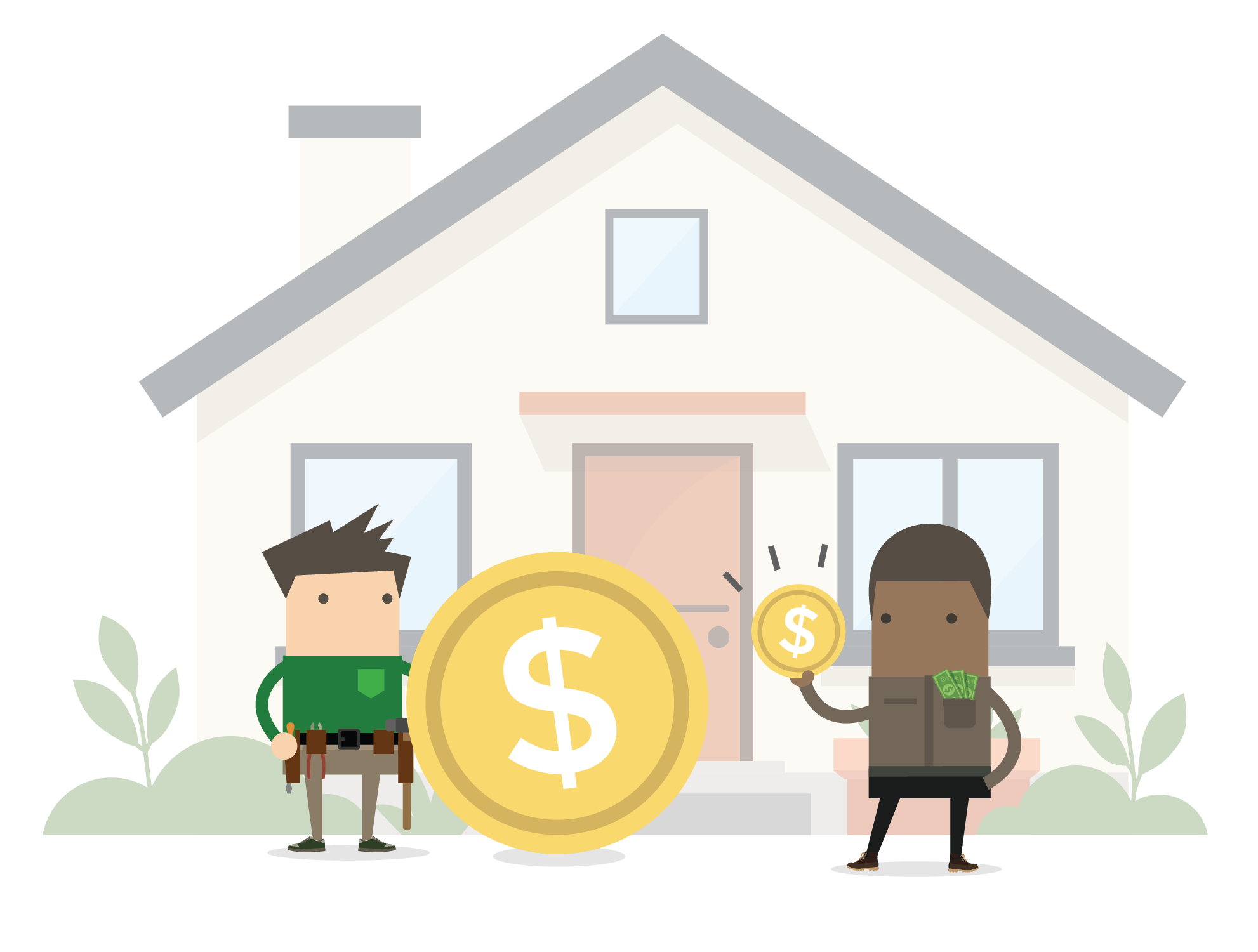 Two Men with Large and Small Coins in front of a House